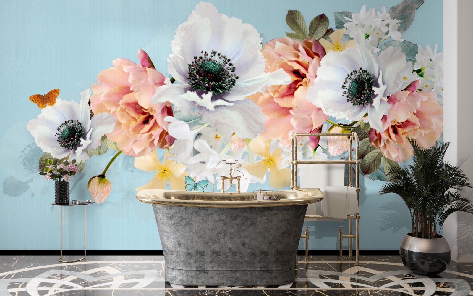 Фотошпалери букет білих маків та інших квітів