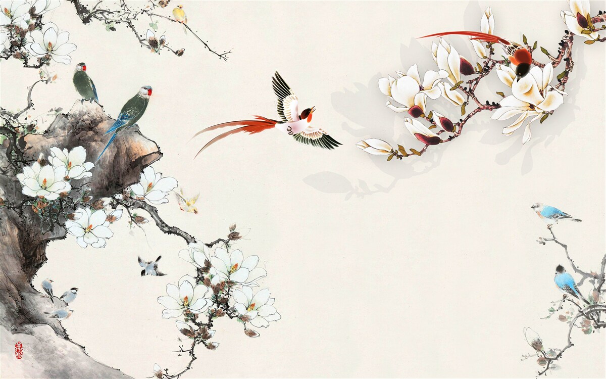 Фотошпалери птахи радіють серед квітів