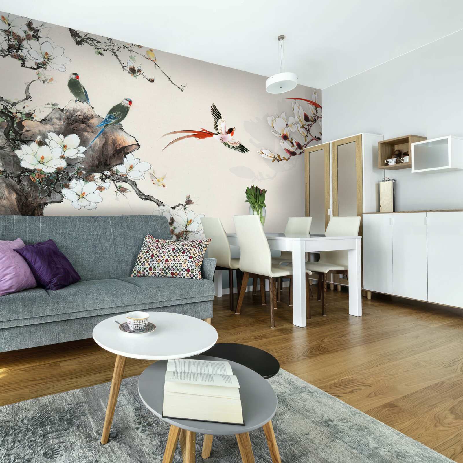 Фотошпалери птахи радіють серед квітів