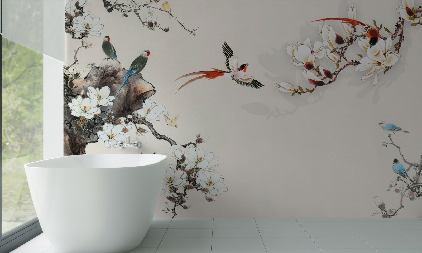 Фотошпалери птахи радіють серед квітів