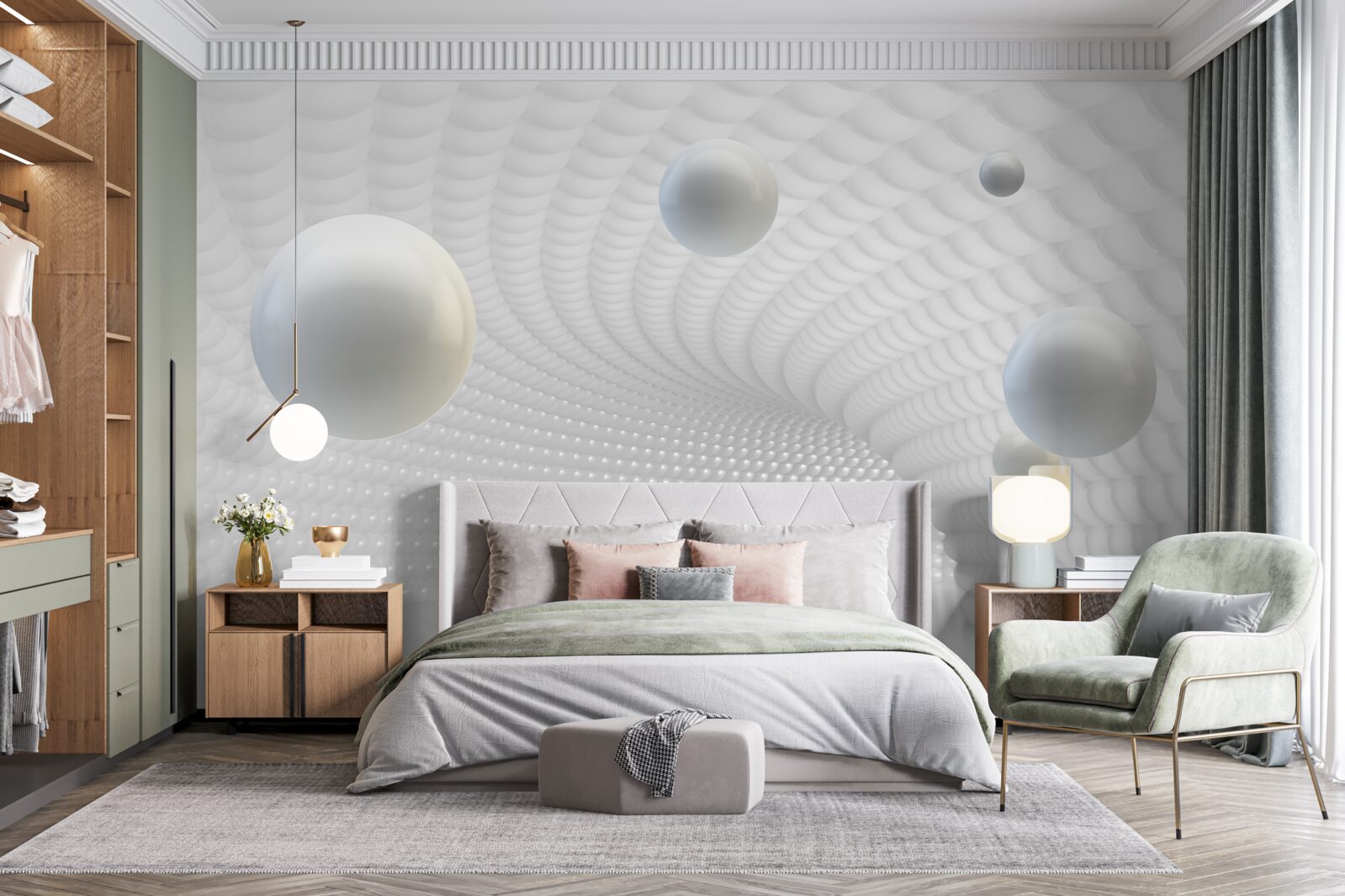 Фотошпалери плаваючі білі кульки в коридорі