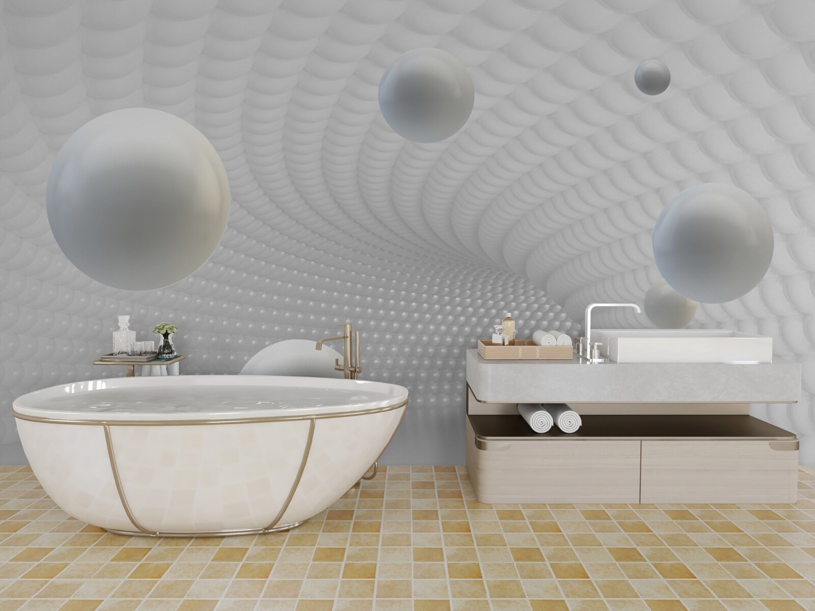 Фотошпалери плаваючі білі кульки в коридорі