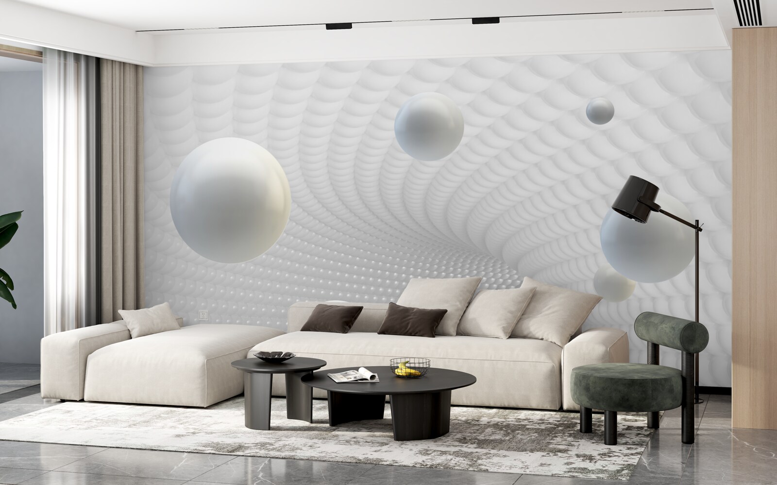 Фотошпалери плаваючі білі кульки в коридорі