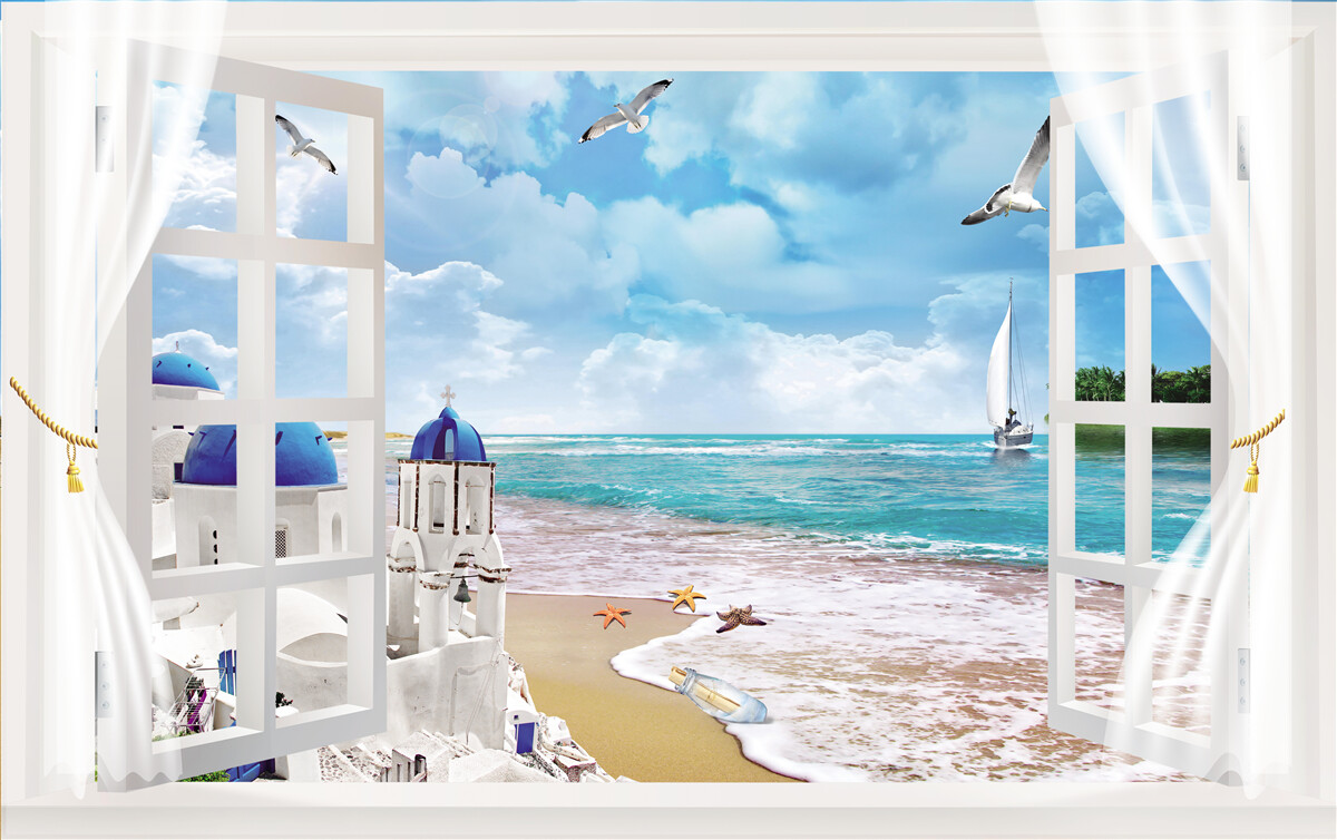Фотошпалери вид на пляж у греції з вікна