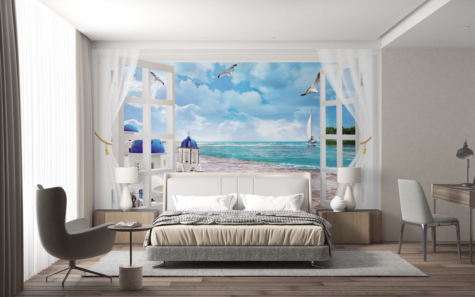 Фотошпалери вид на пляж у греції з вікна