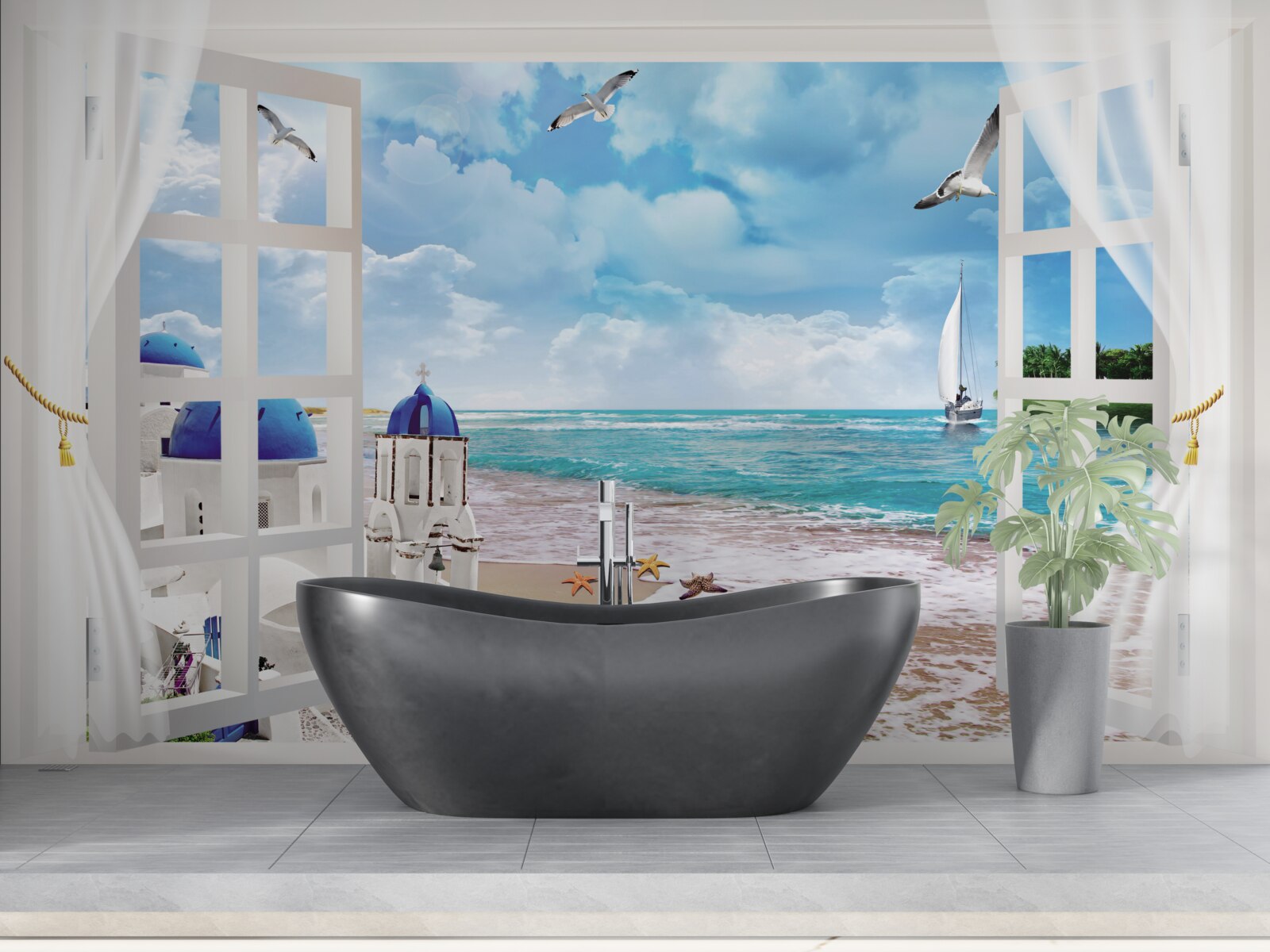 Фотошпалери вид на пляж у греції з вікна