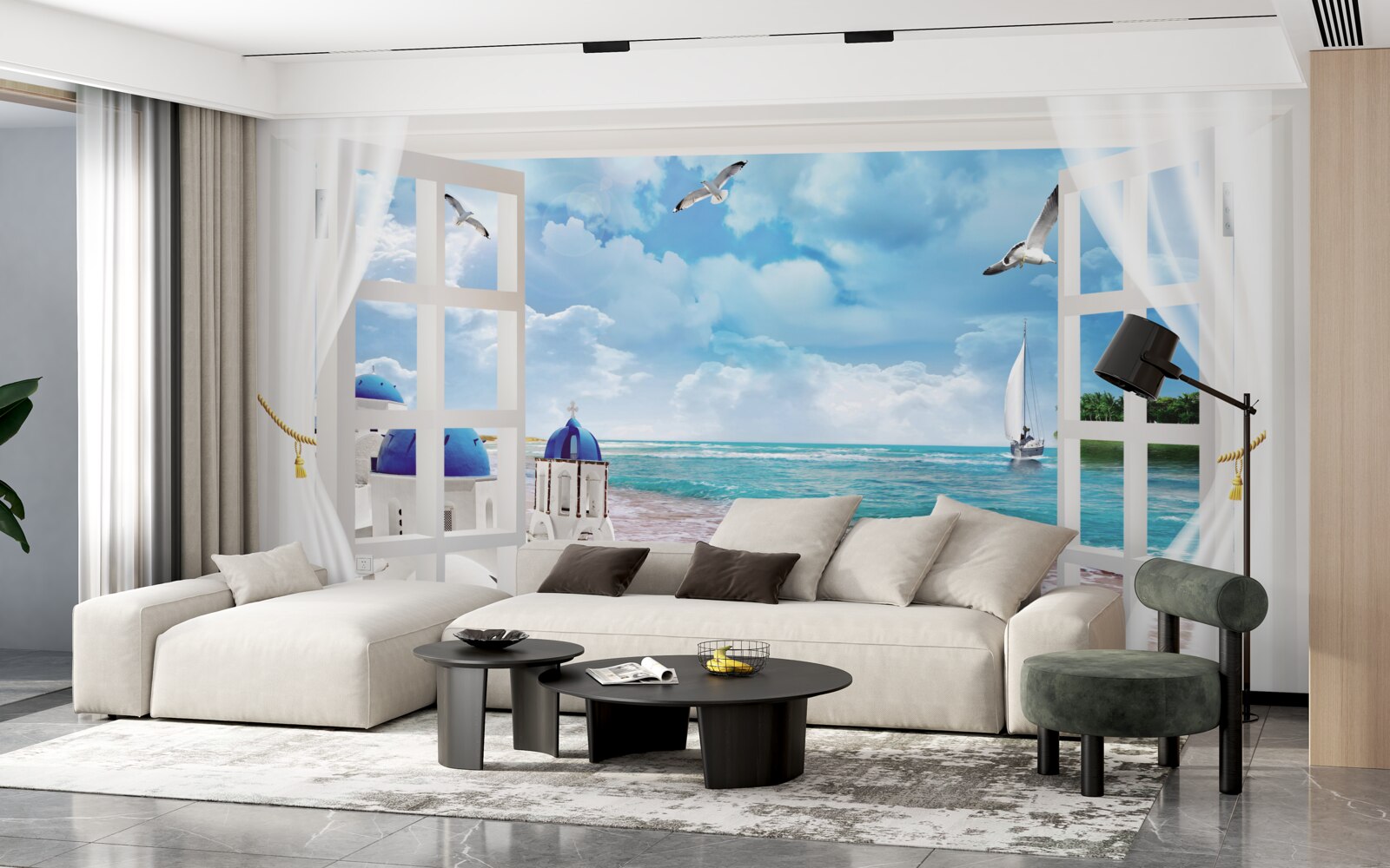 Фотошпалери вид на пляж у греції з вікна