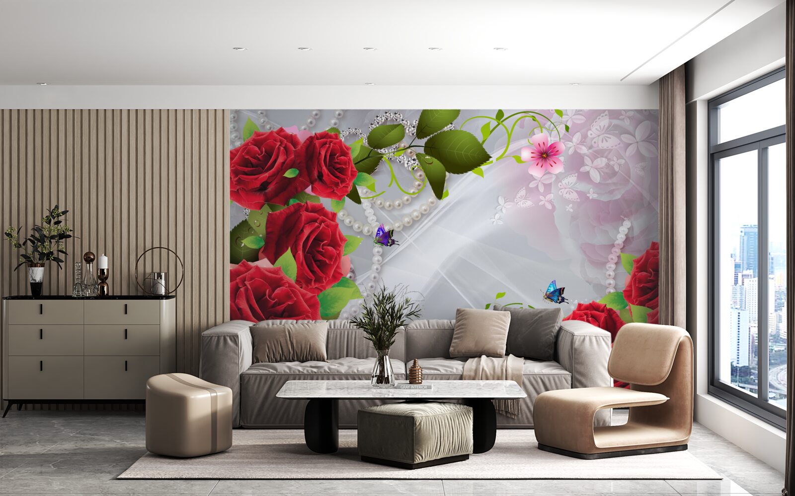 Фотошпалери перлинні червоні троянди