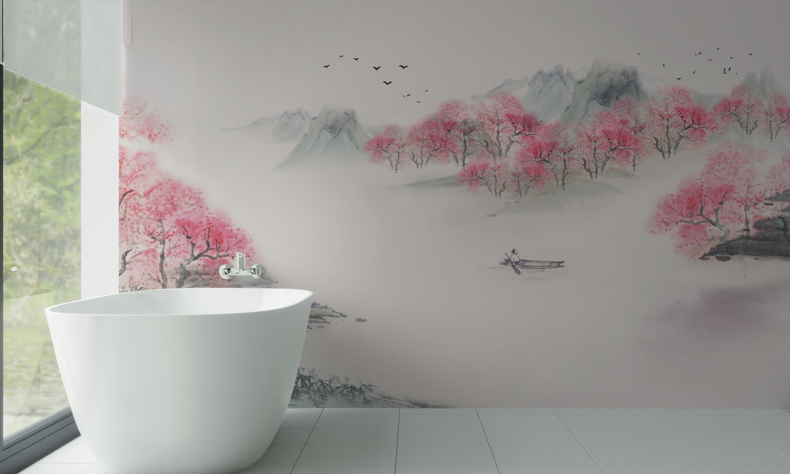 Фотошпалери Човен у лісі, оповитому ранковим туманом