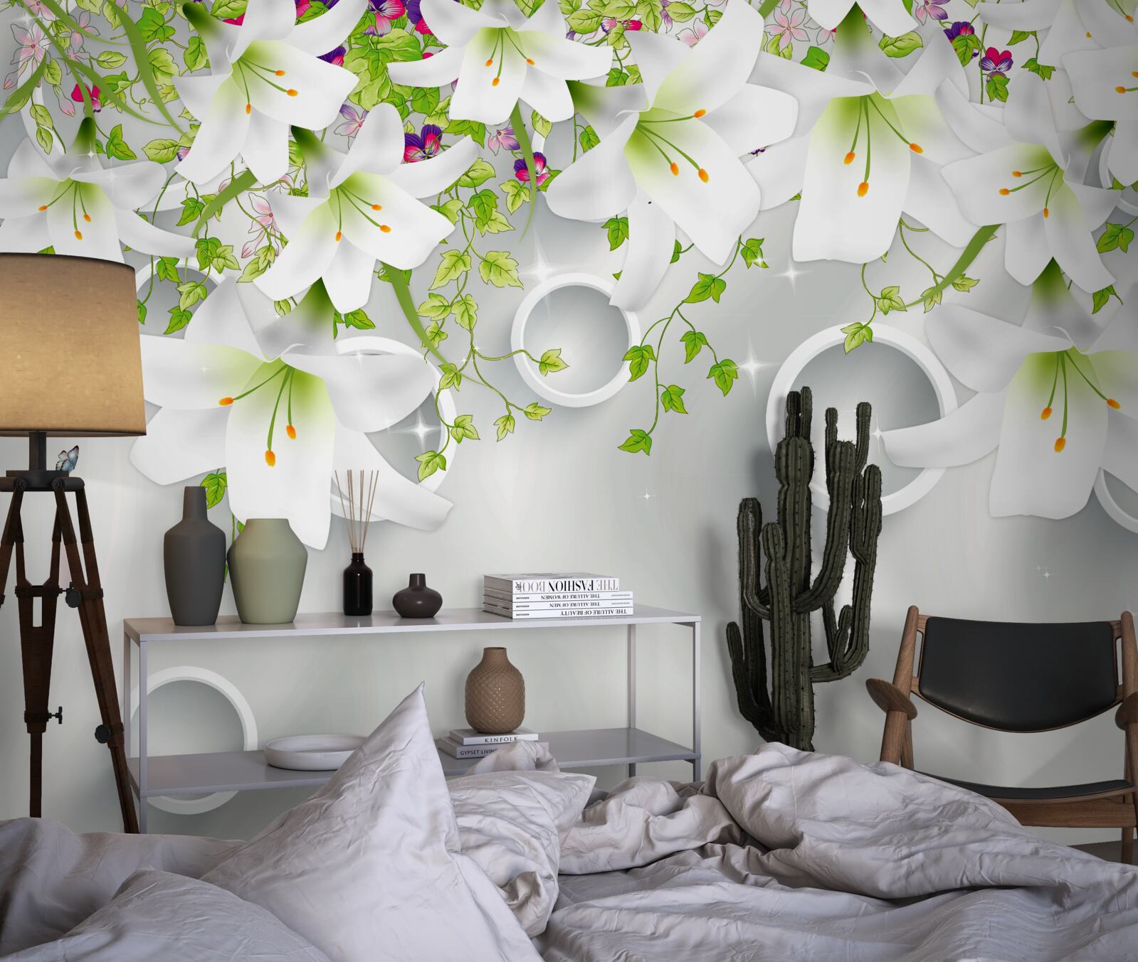 Фотошпалери квіти білі з зеленим листям