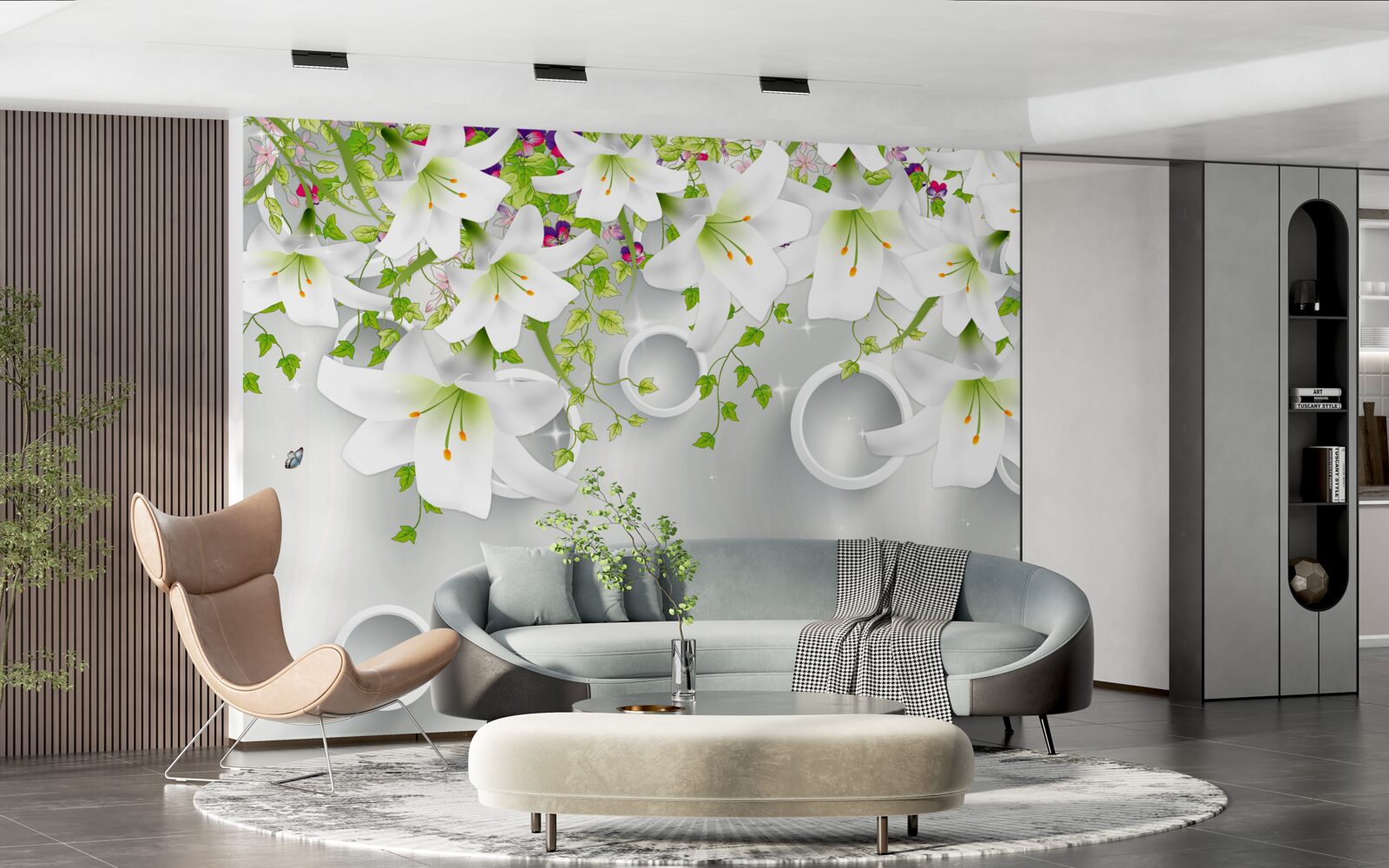 Фотошпалери квіти білі з зеленим листям