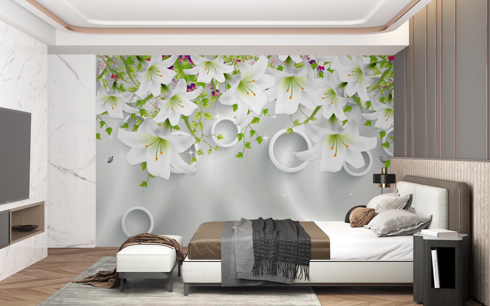 Фотошпалери квіти білі з зеленим листям