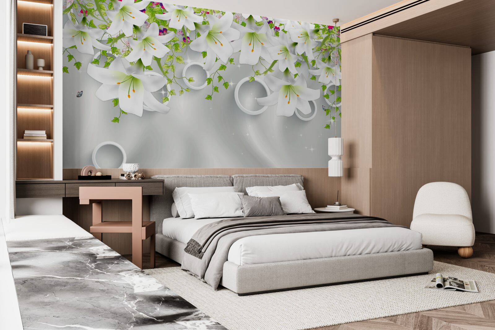 Фотошпалери квіти білі з зеленим листям