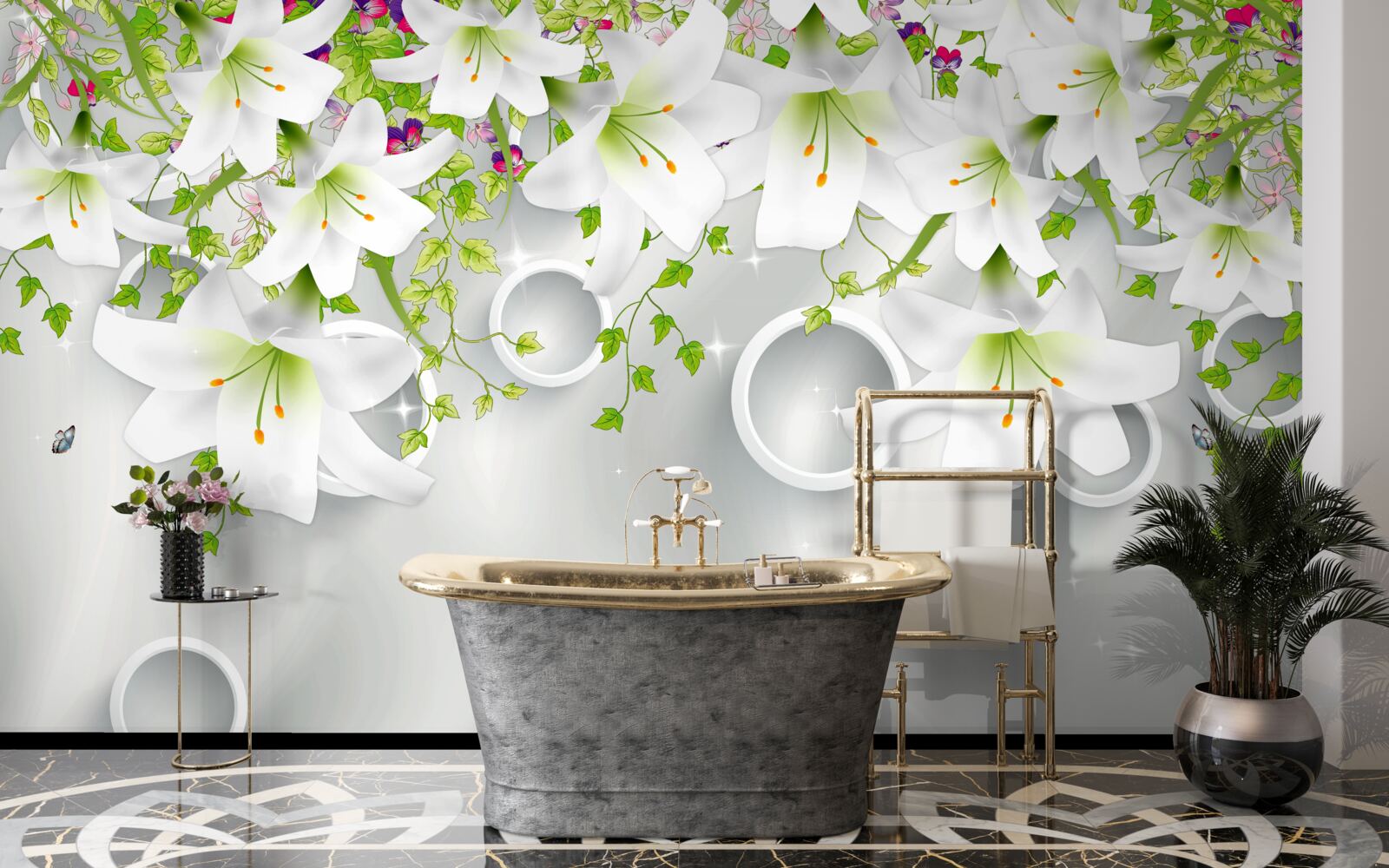 Фотошпалери квіти білі з зеленим листям