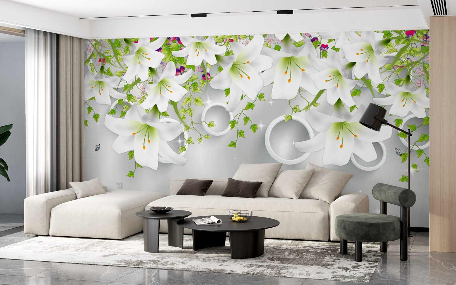 Фотошпалери квіти білі з зеленим листям