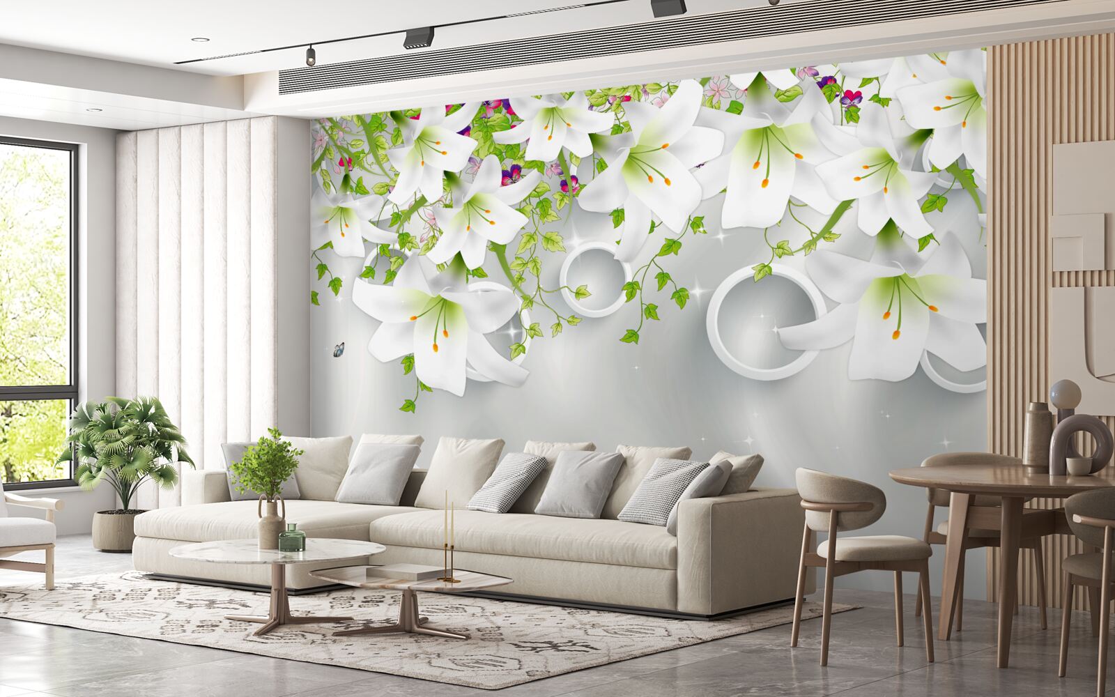 Фотошпалери квіти білі з зеленим листям