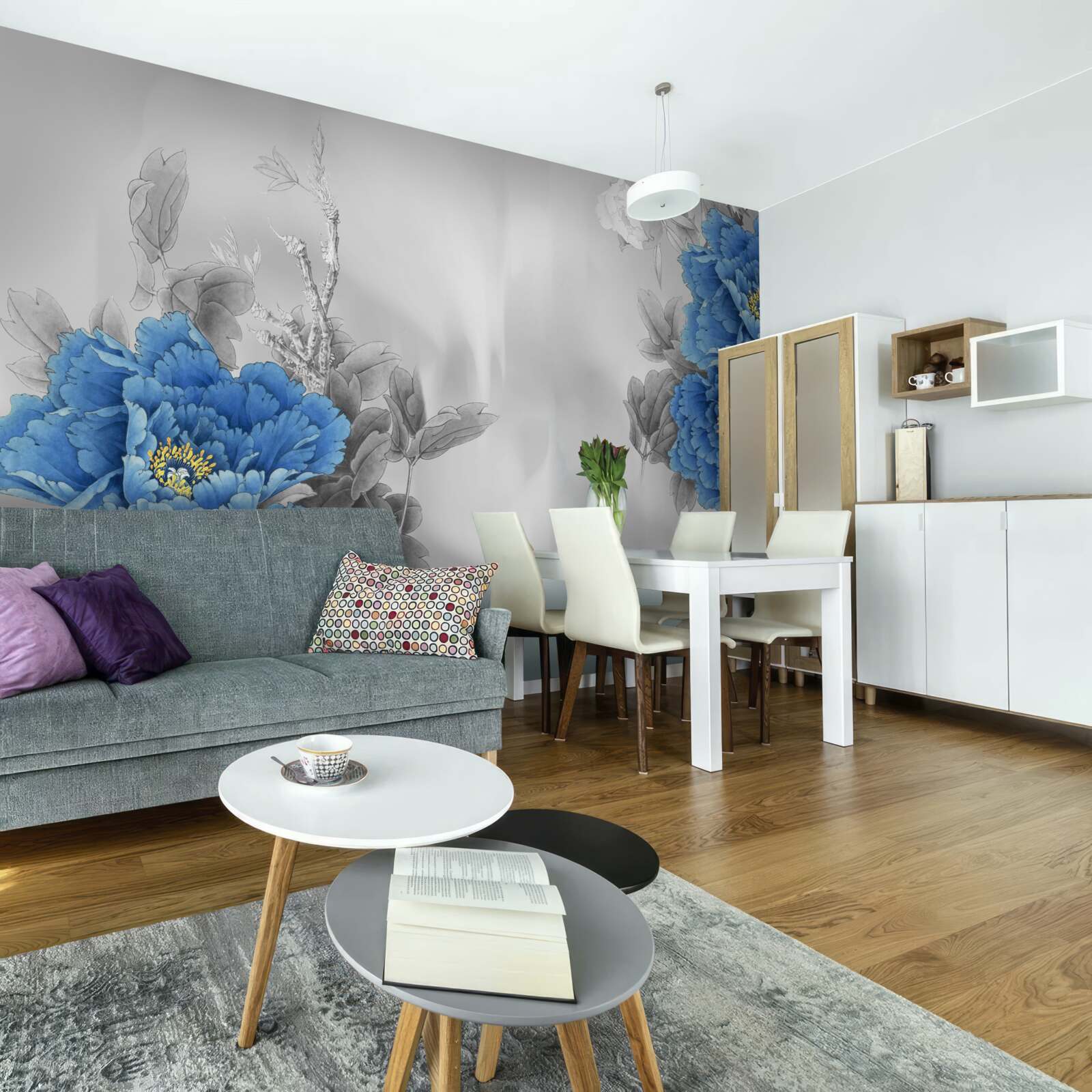 Фотошпалери сині квіти на сірому тлі