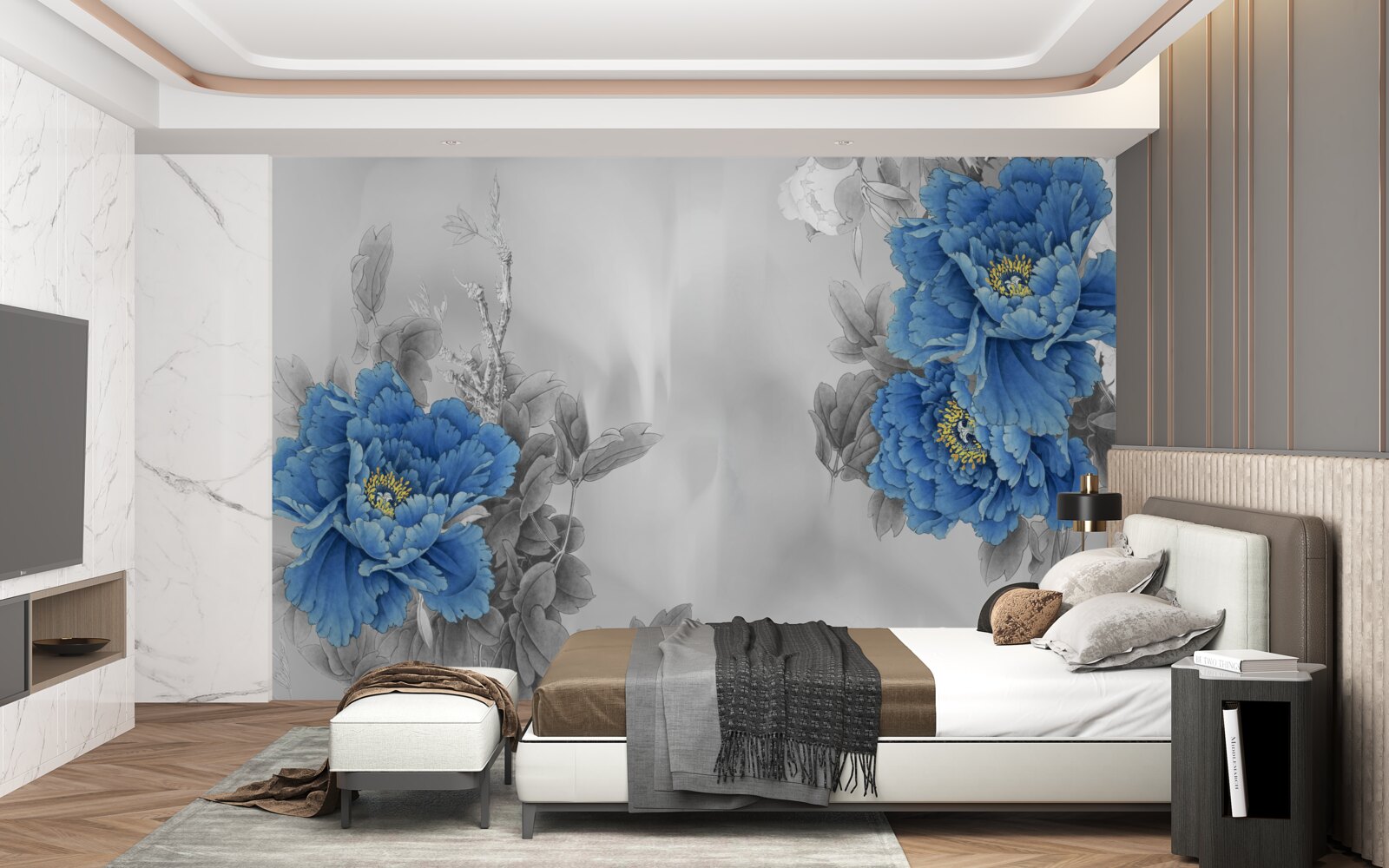 Фотошпалери сині квіти на сірому тлі