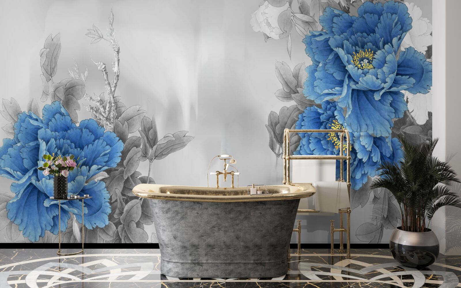 Фотошпалери сині квіти на сірому тлі