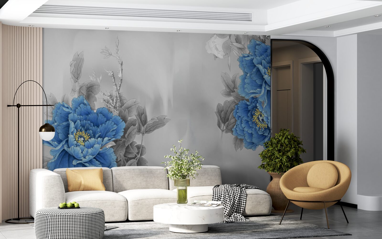 Фотошпалери сині квіти на сірому тлі