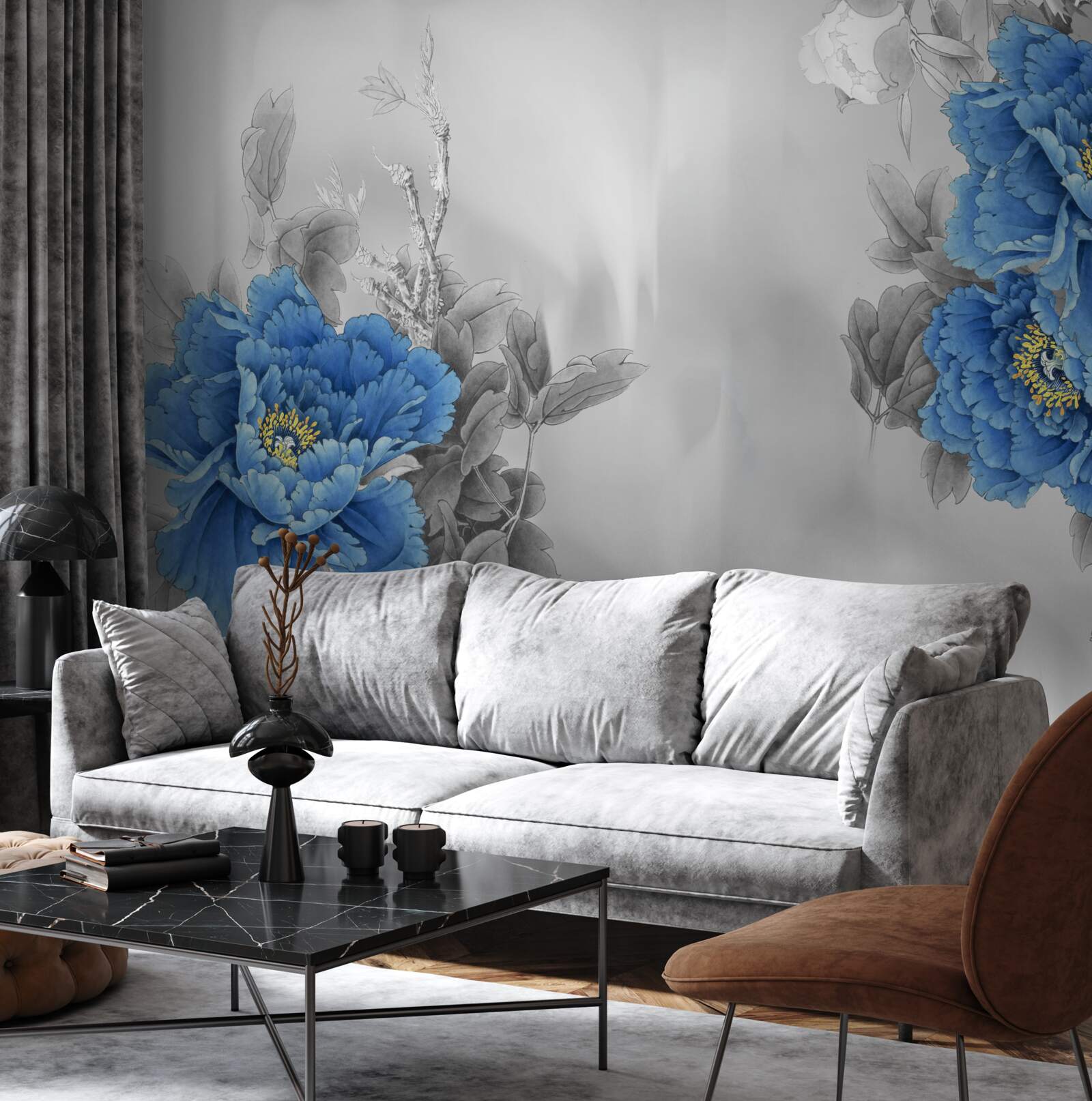 Фотошпалери сині квіти на сірому тлі