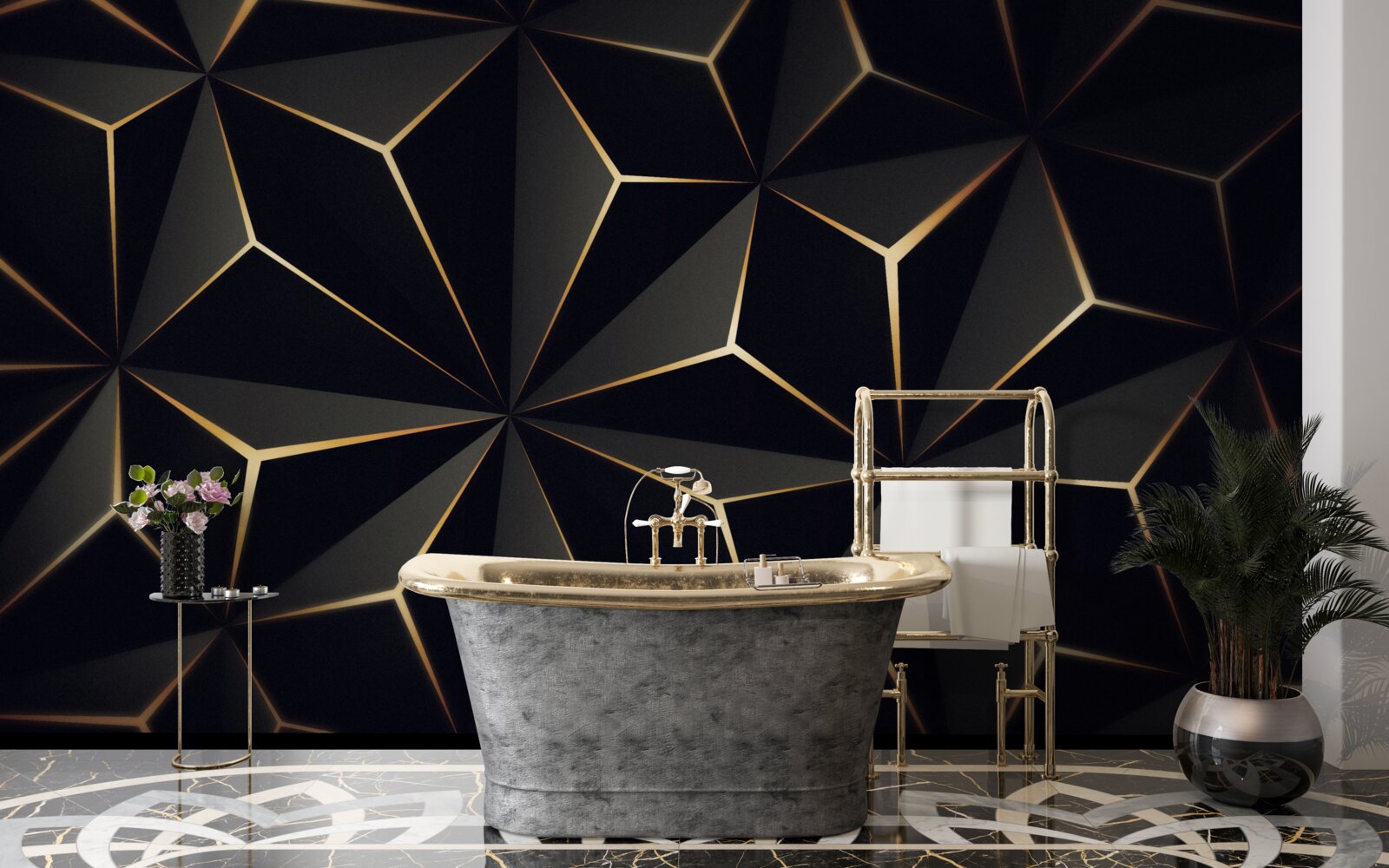 Фотошпалери 3d піраміди в чорному кольорі з золотими елементами