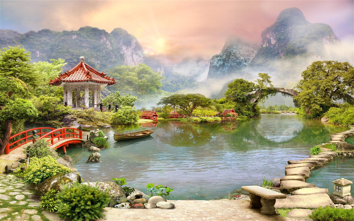 Фотошпалери туманний пейзаж японського саду