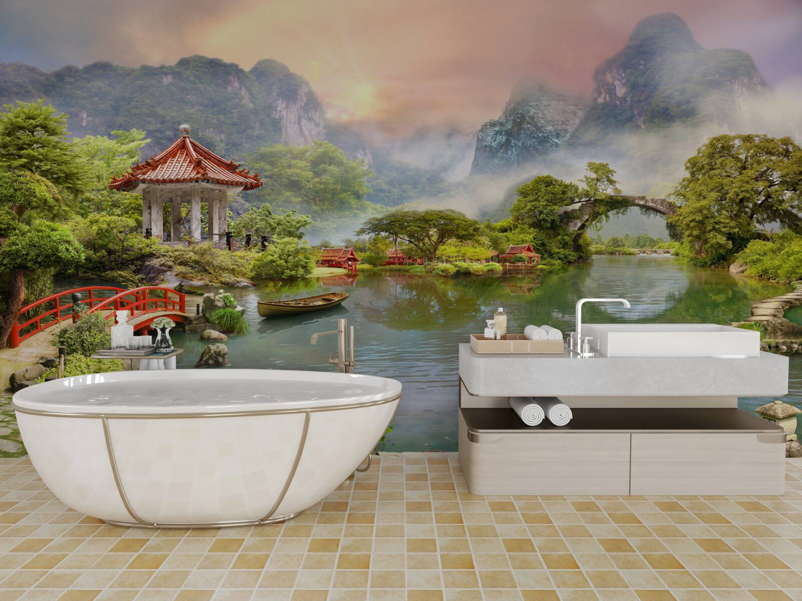 Фотошпалери туманний пейзаж японського саду