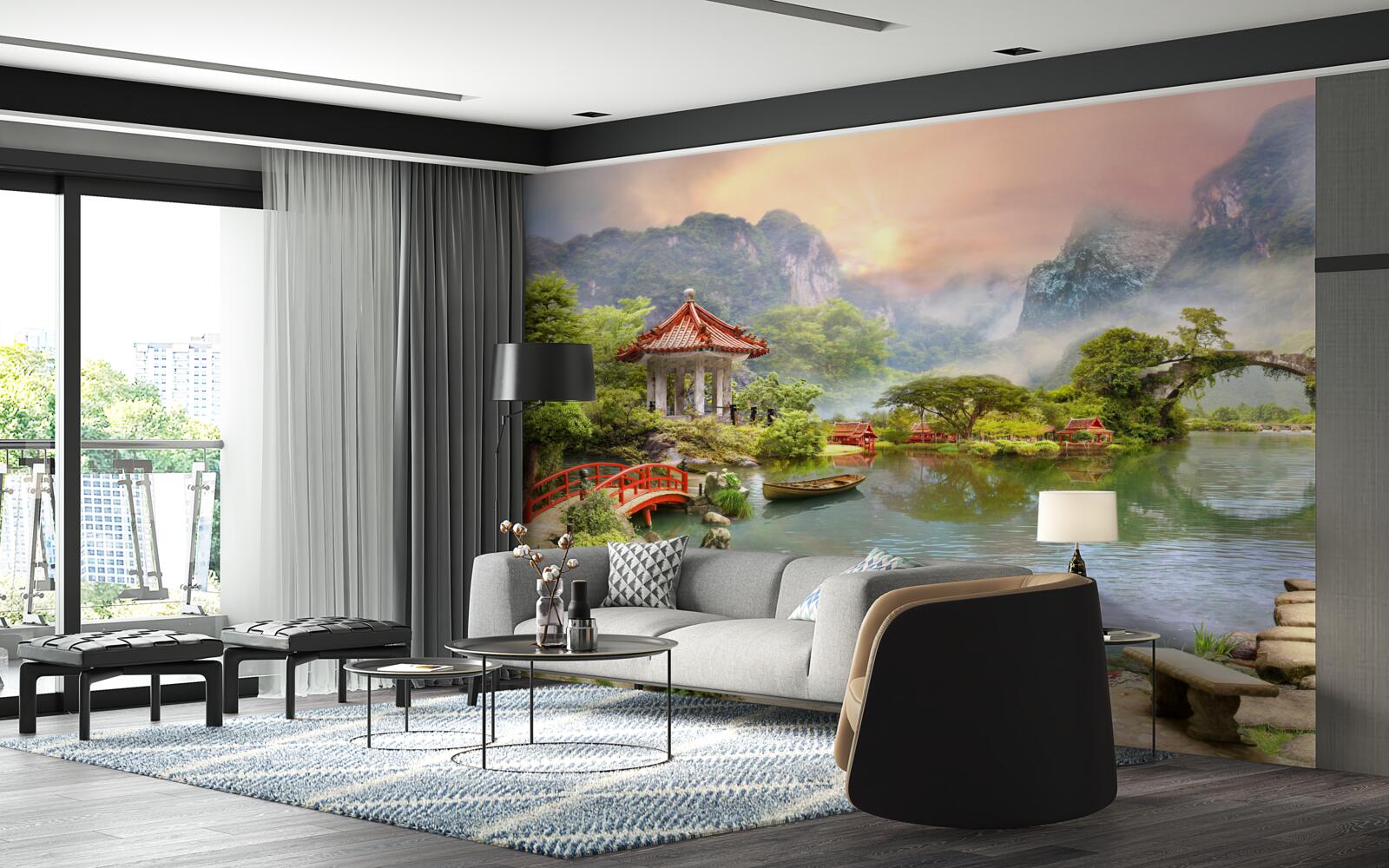 Фотошпалери туманний пейзаж японського саду