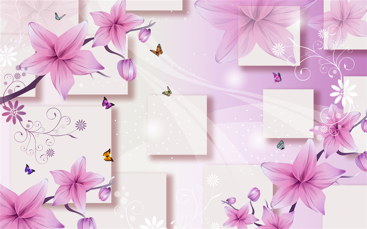 Фотошпалери геометричні фігури, прикрашені темно-фіолетовими квітами