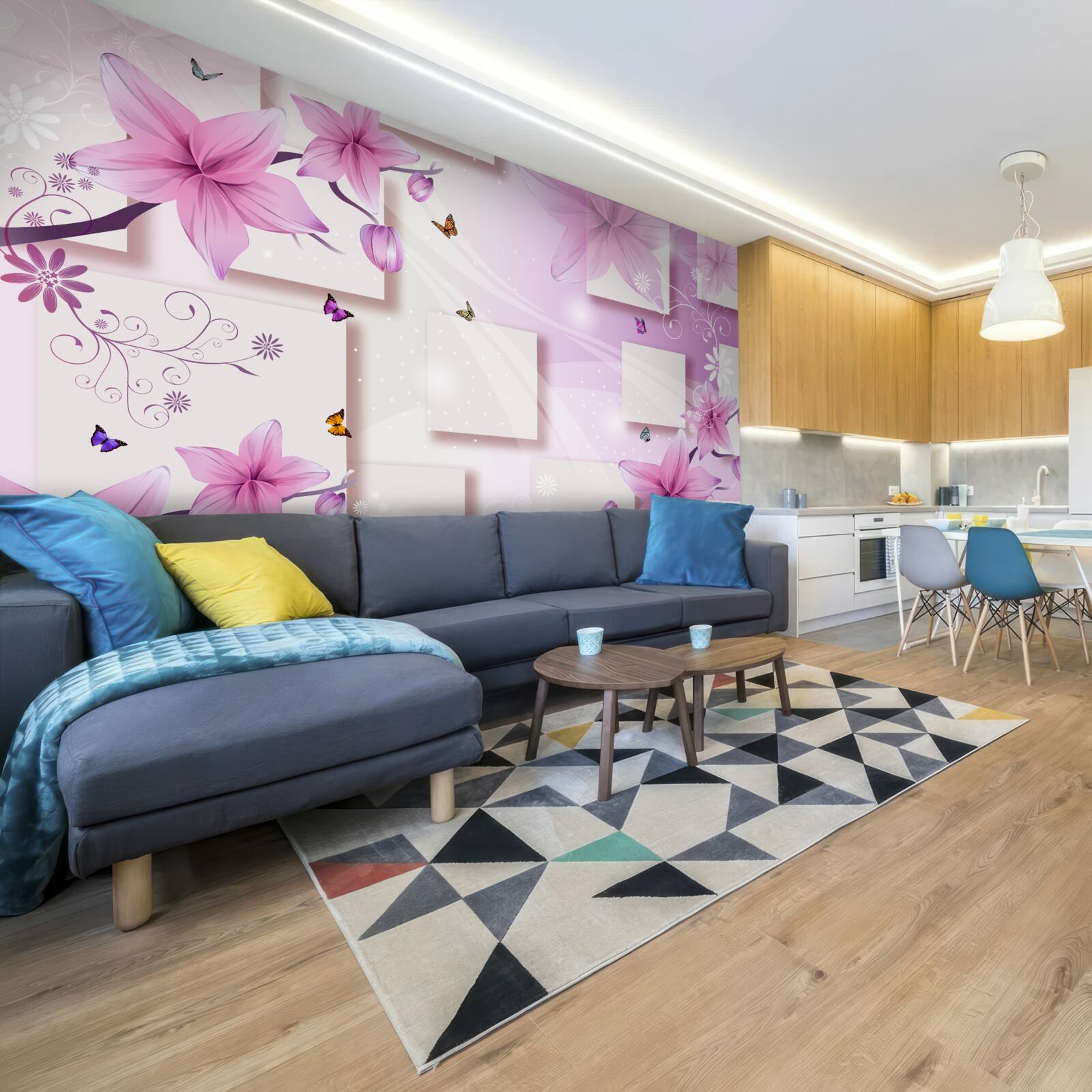 Фотошпалери геометричні фігури, прикрашені темно-фіолетовими квітами