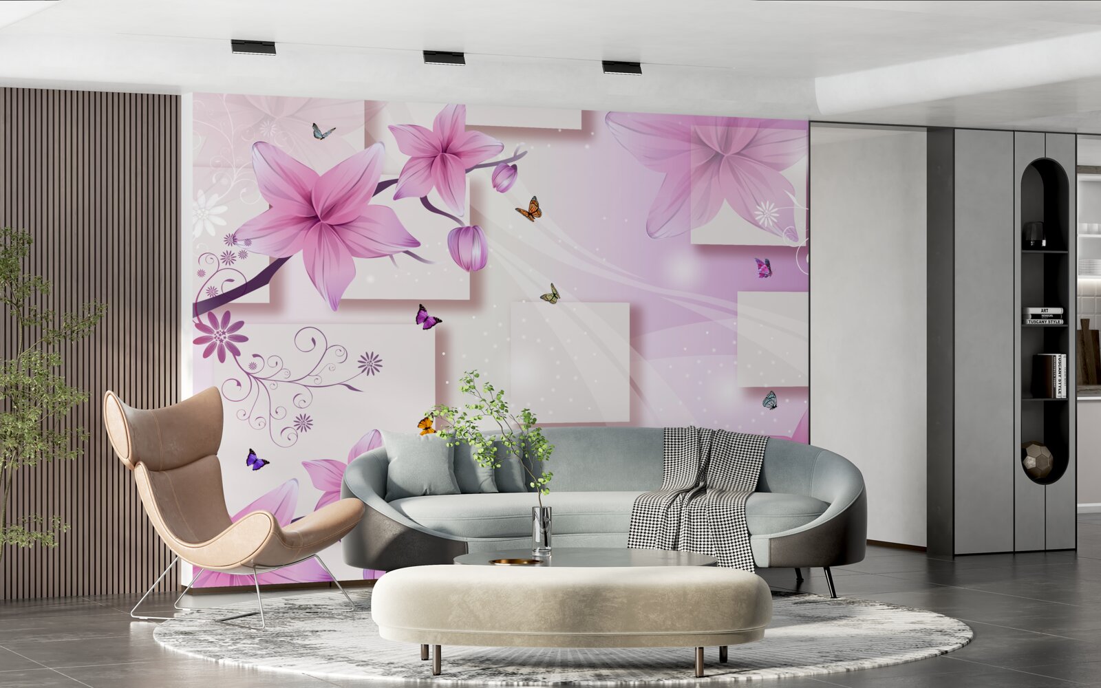 Фотошпалери геометричні фігури, прикрашені темно-фіолетовими квітами