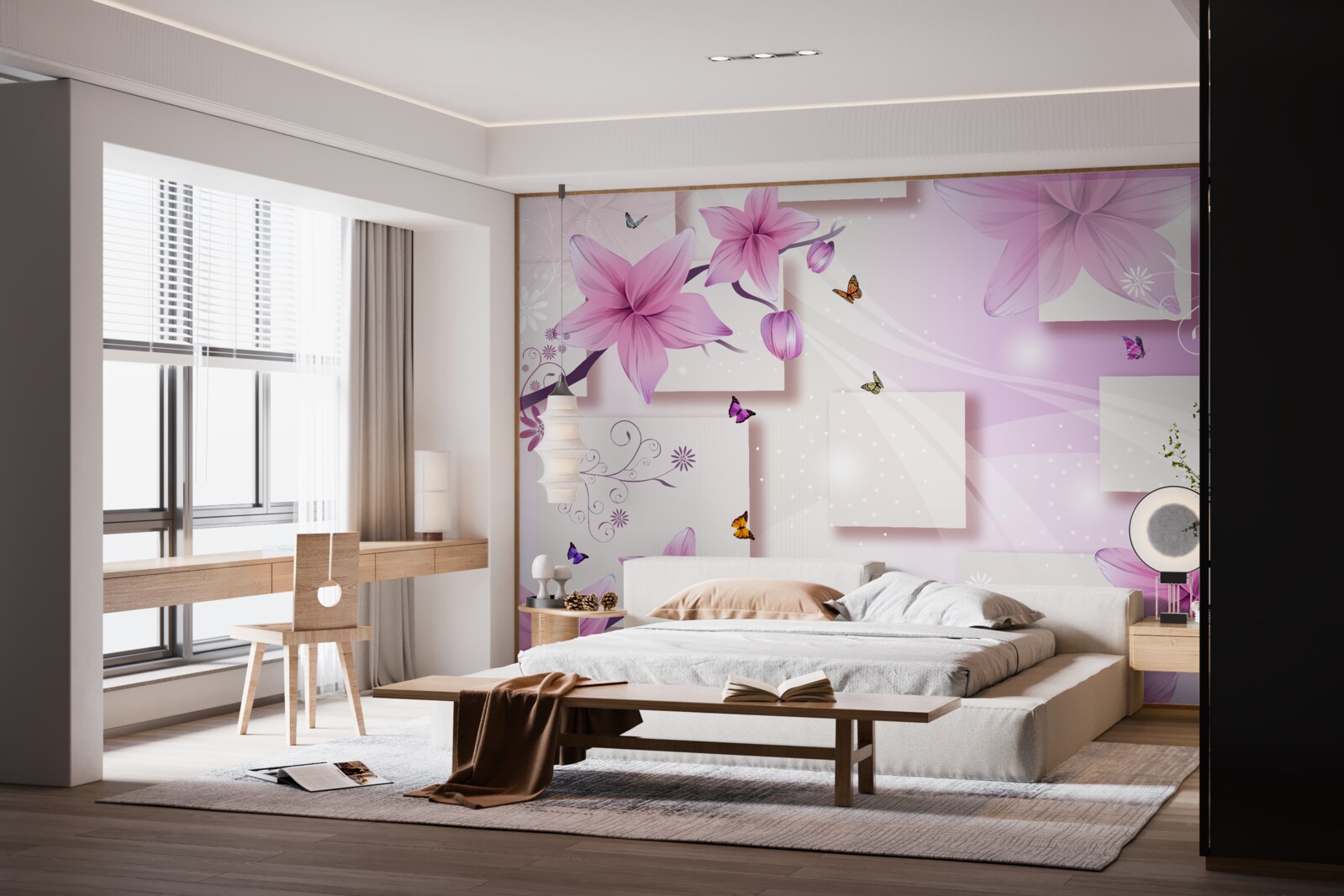 Фотошпалери геометричні фігури, прикрашені темно-фіолетовими квітами