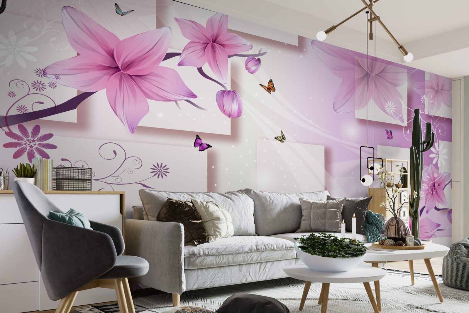 Фотошпалери геометричні фігури, прикрашені темно-фіолетовими квітами