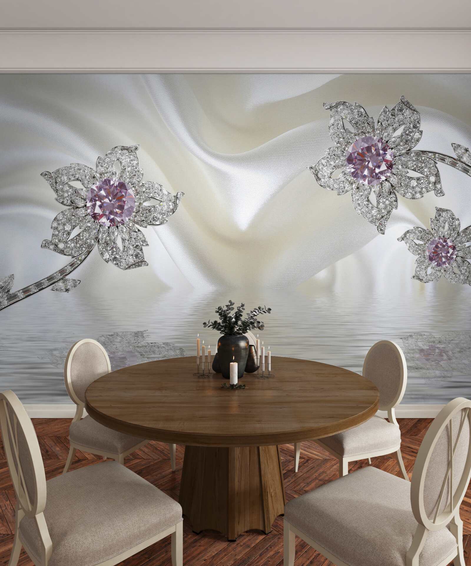 Фотошпалери срібні прикраси у вигляді квіткових форм