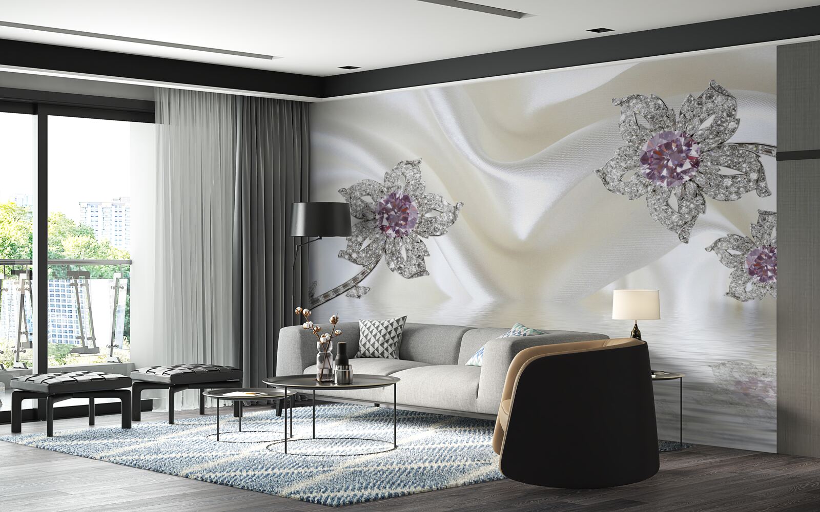 Фотошпалери срібні прикраси у вигляді квіткових форм