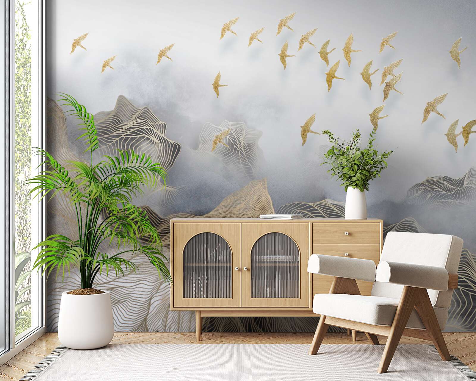 Фотошпалери гори і птахи в тумані абстракції