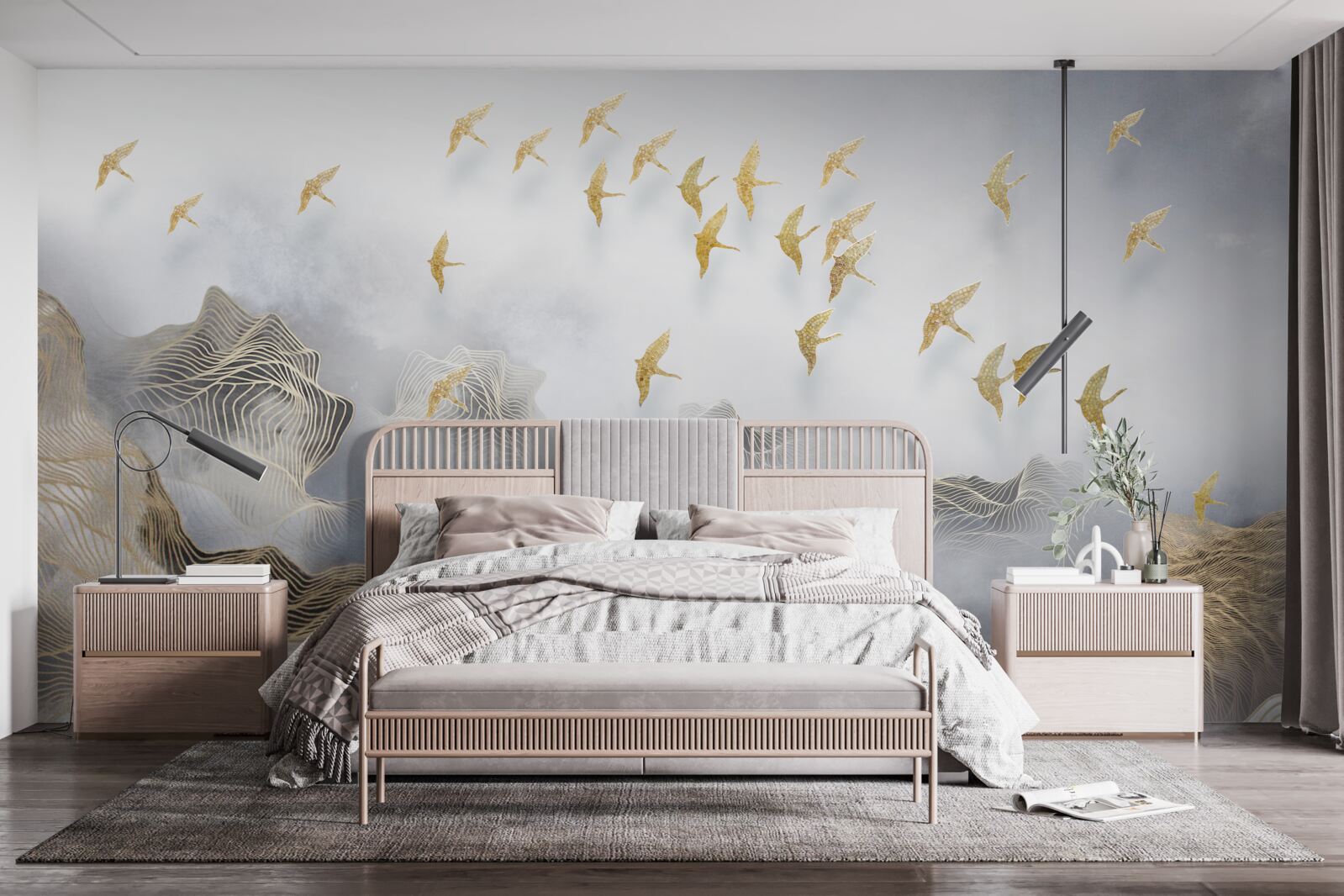 Фотошпалери гори і птахи в тумані абстракції