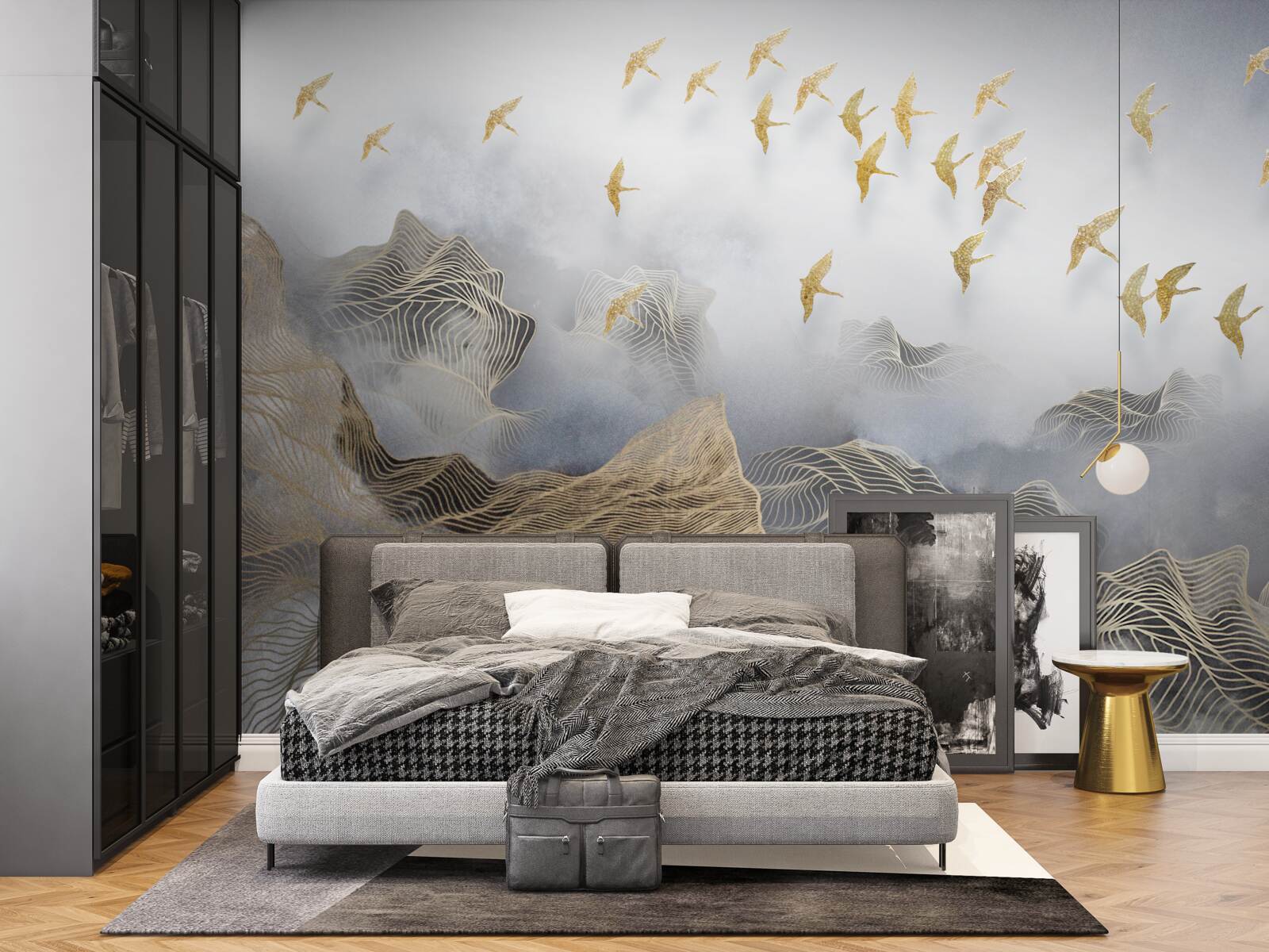 Фотошпалери гори і птахи в тумані абстракції