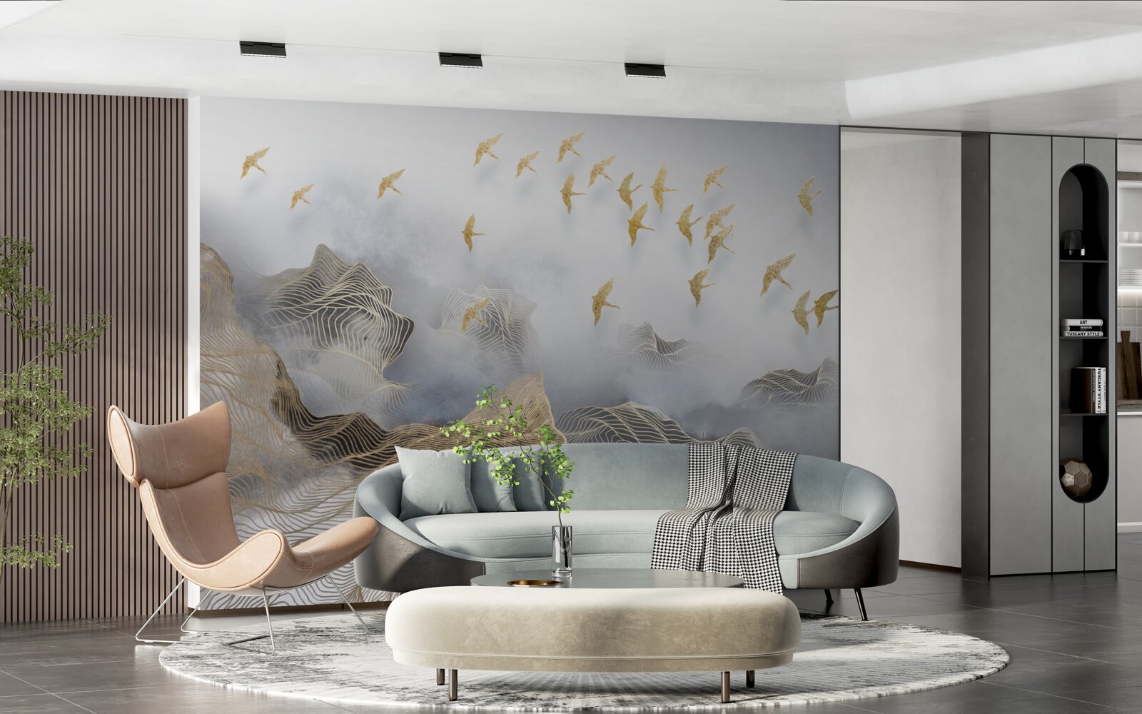 Фотошпалери гори і птахи в тумані абстракції