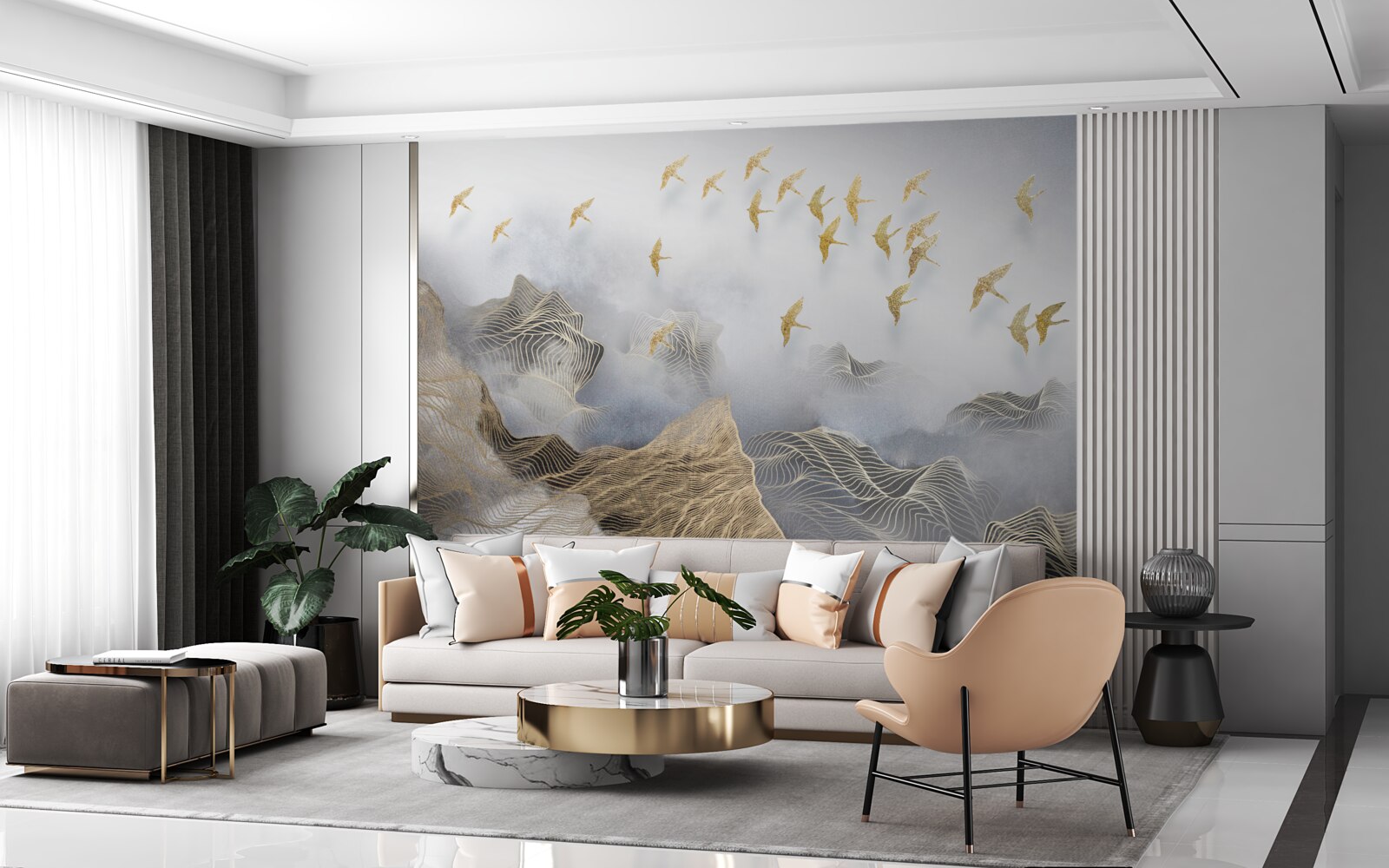 Фотошпалери гори і птахи в тумані абстракції