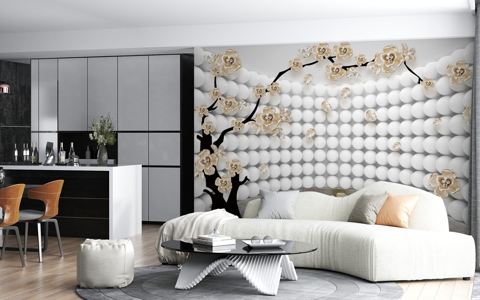 Фотошпалери кімната з об'ємними кулями та деревом