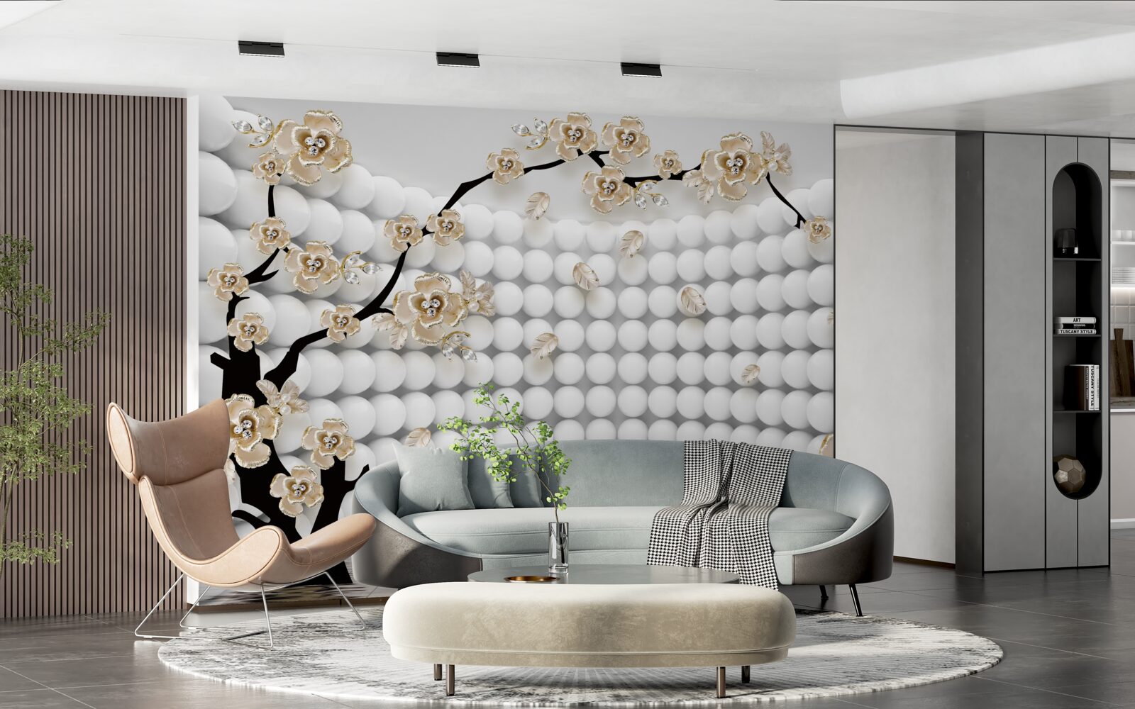 Фотошпалери кімната з об'ємними кулями та деревом