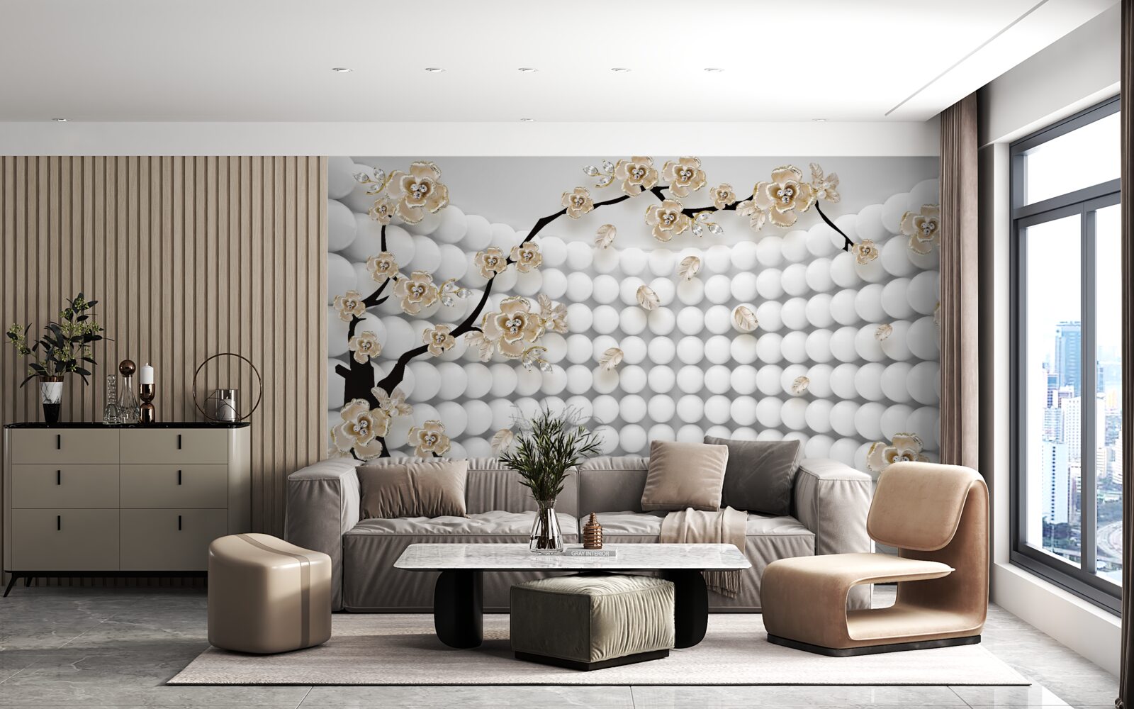 Фотошпалери кімната з об'ємними кулями та деревом