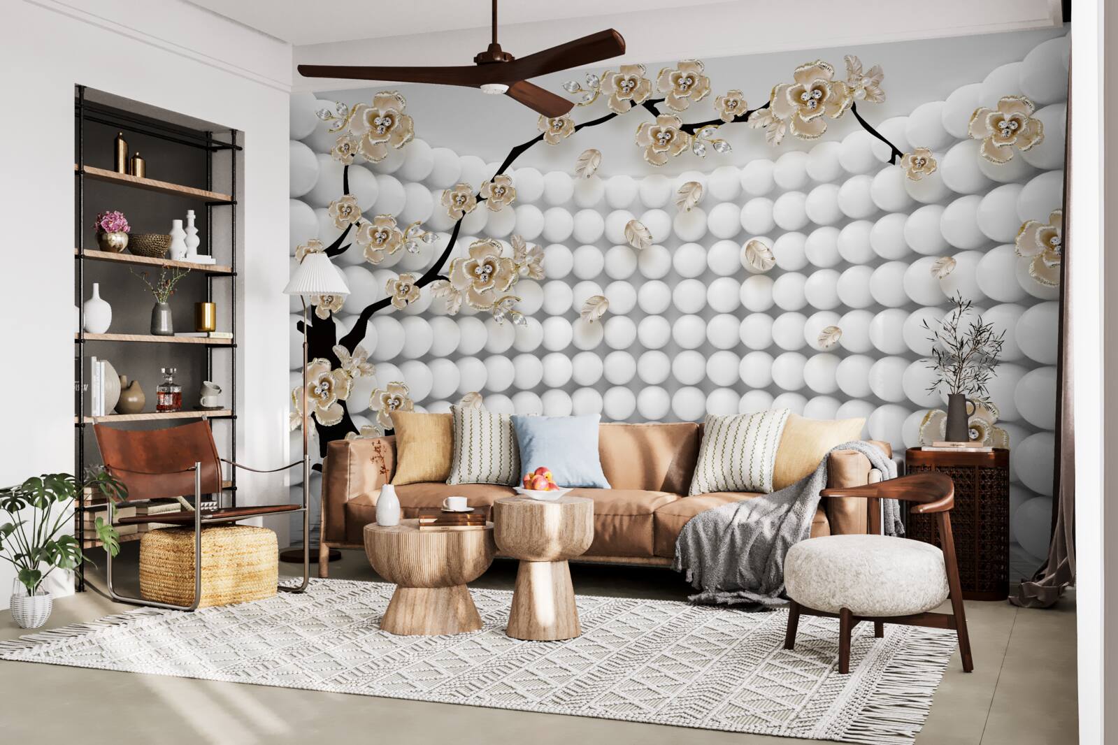 Фотошпалери кімната з об'ємними кулями та деревом