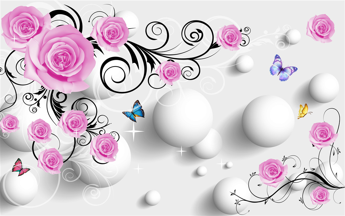 Фотошпалери кольорові троянди на 3d тлі з кульок