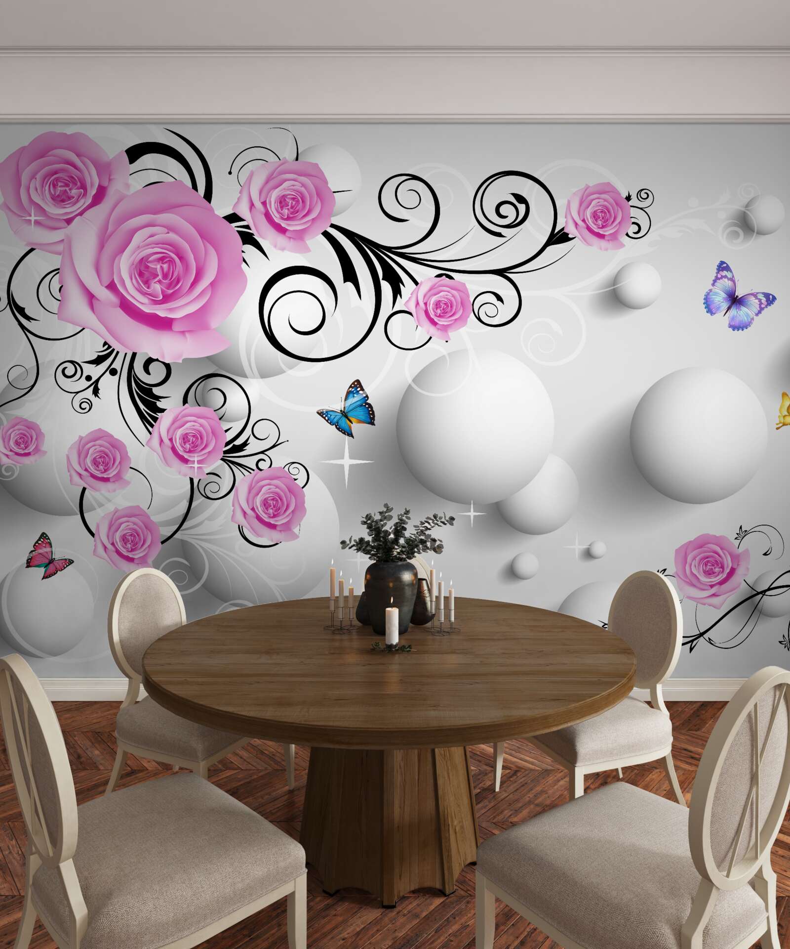 Фотошпалери кольорові троянди на 3d тлі з кульок