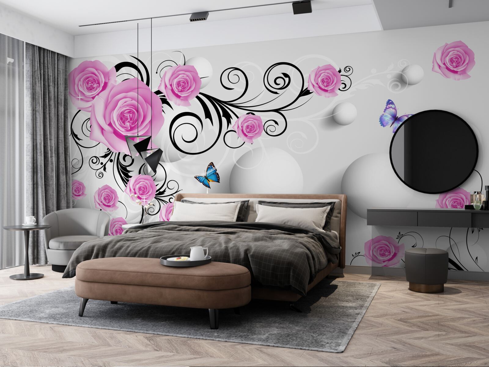 Фотошпалери кольорові троянди на 3d тлі з кульок