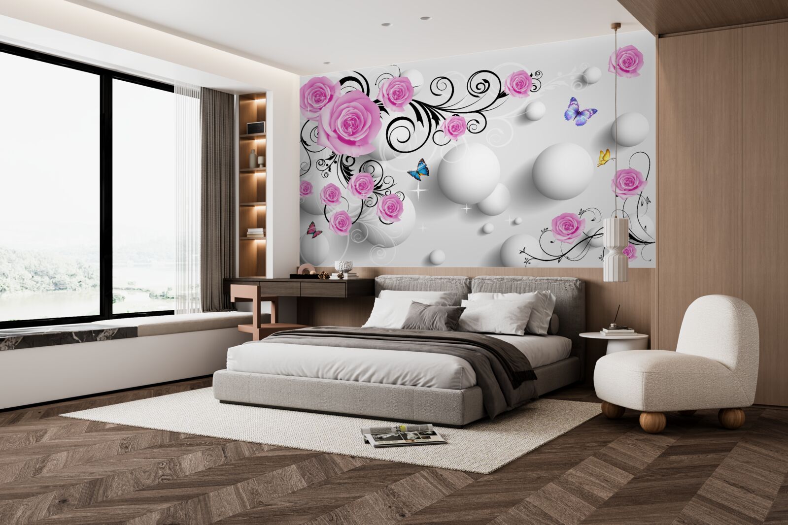 Фотошпалери кольорові троянди на 3d тлі з кульок