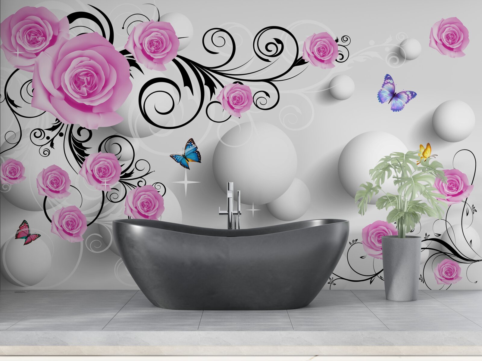 Фотошпалери кольорові троянди на 3d тлі з кульок